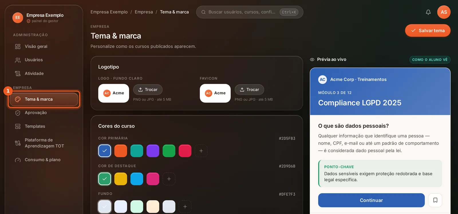 Painel do gestor com o item Tema & marca destacado no menu Empresa