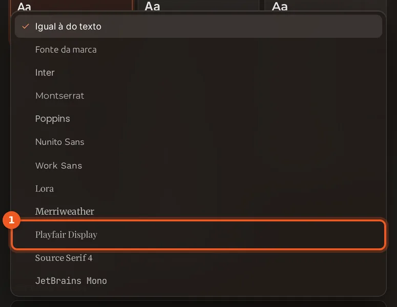 Lista Fonte dos títulos aberta, com Igual à do texto, Fonte da marca e as fontes do TOT Create, e Playfair Display destacada